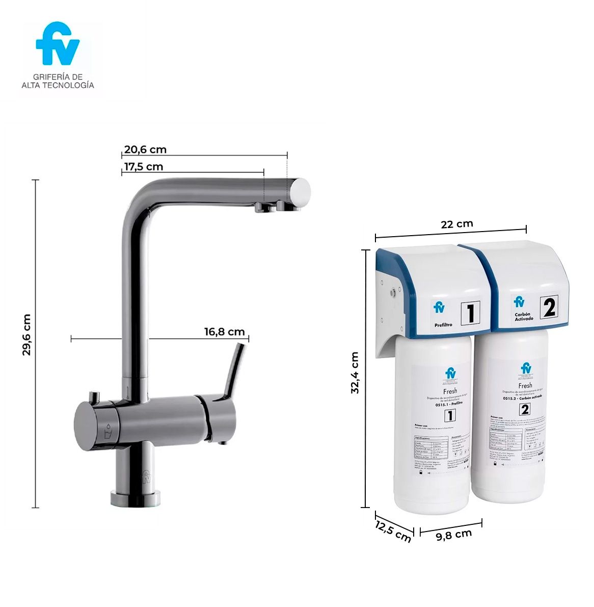Dimensiones de la grifería de cocina monocomando Libby con filtros de agua FV