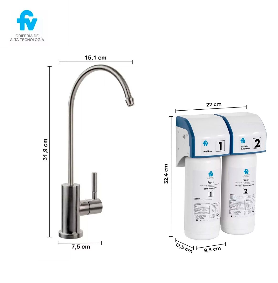 Dimensiones de la griferia monocomando de 1 vía FV con dispositivo Fresh de acondicionamiento de agua y filtros