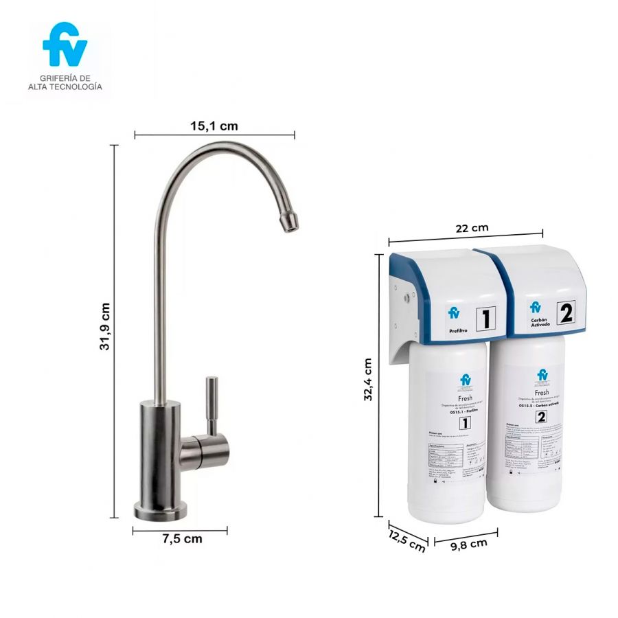 Dimensiones de la griferia monocomando de 1 vía FV con dispositivo Fresh de acondicionamiento de agua y filtros